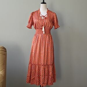 NEW AVANA THML Chain-Pattern Smocked Dress Tangerine Orange Tiered Smocked Waist